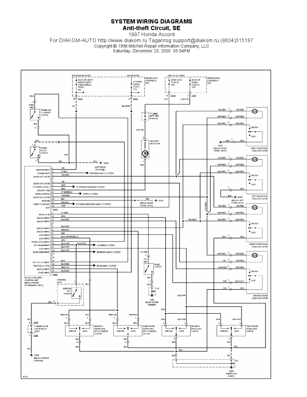1997 Honda Accord Anti theft Circuit SE System Wiring Diagrams