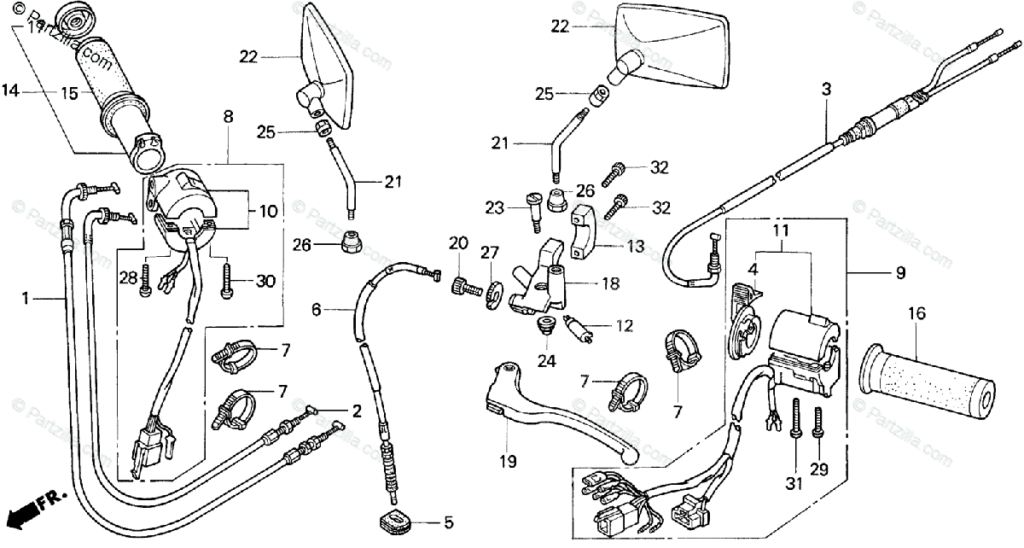 Honda Motorcycle 1996 OEM Parts Diagram For Switches Cables Mirrors 